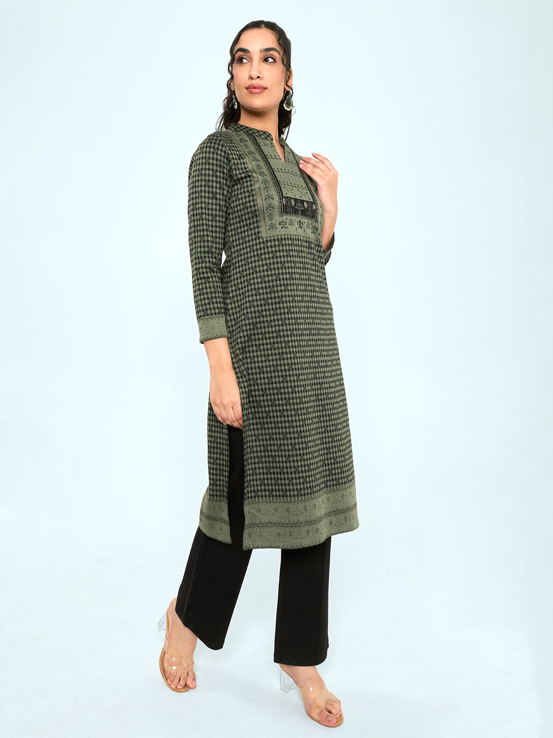 Women Olive Self Design Round Neck Full Sleeve Winter Kurtis
