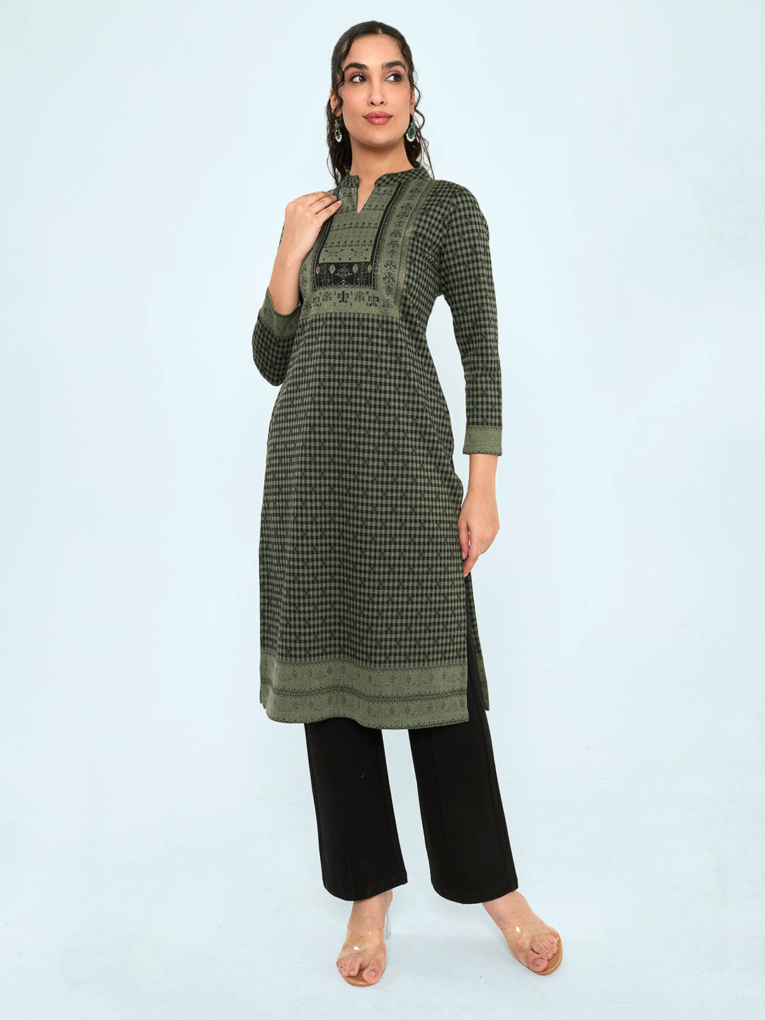 Women Olive Self Design Round Neck Full Sleeve Winter Kurtis