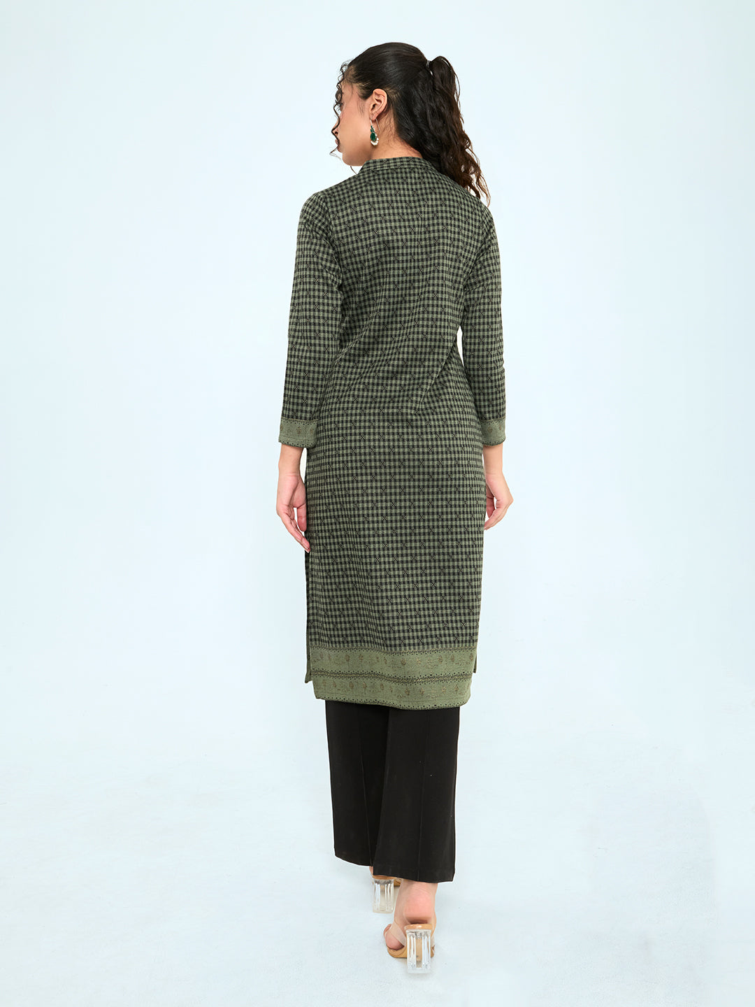 Women Olive Self Design Round Neck Full Sleeve Winter Kurtis