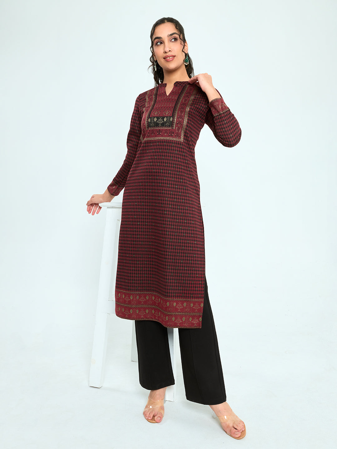 Women Burgundy Self Design Round Neck Full Sleeve Winter Kurtis