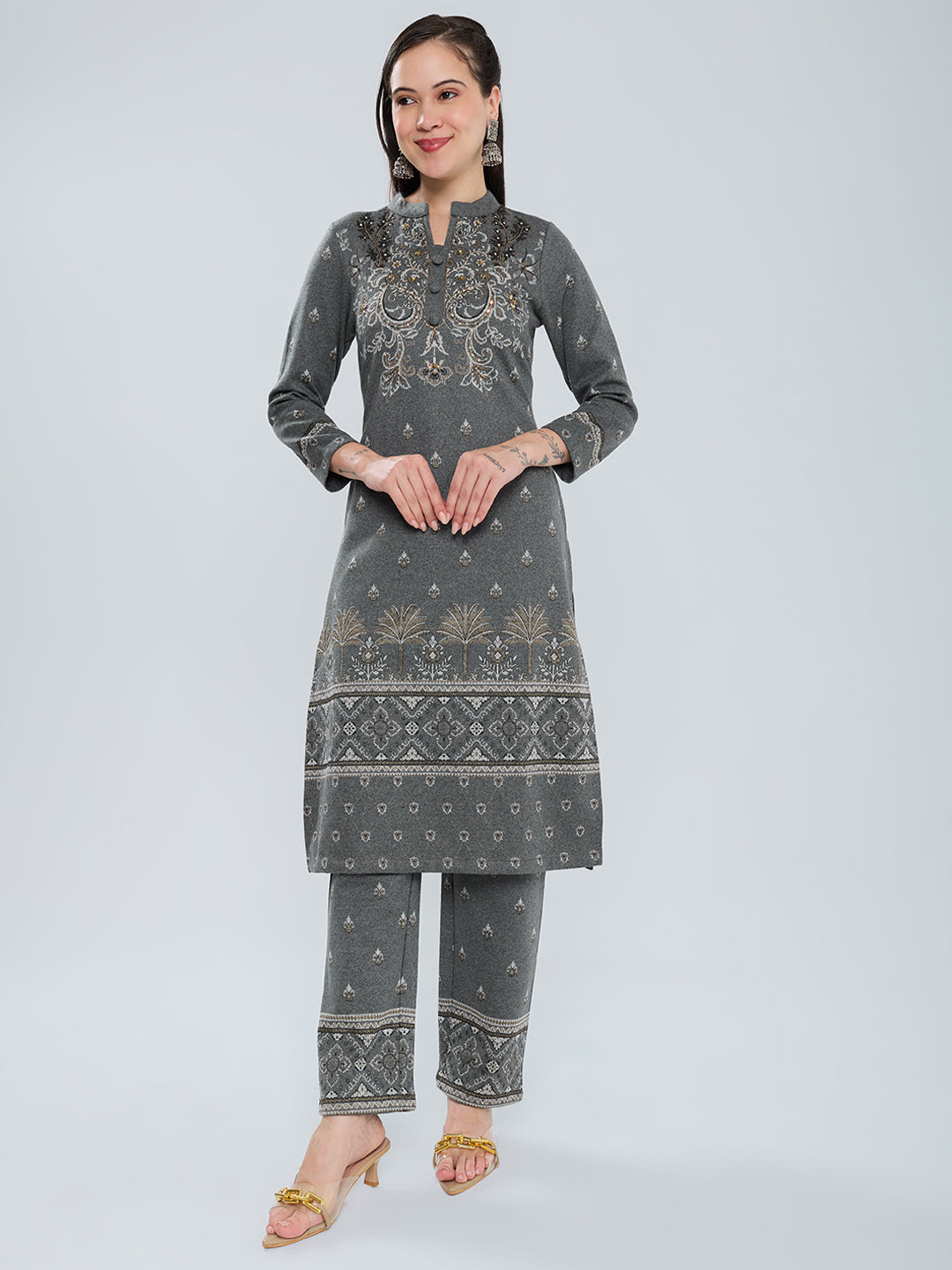 Women Charcoal Self Design Henley Neck Short Sleeve Kurtis Set for Winter
