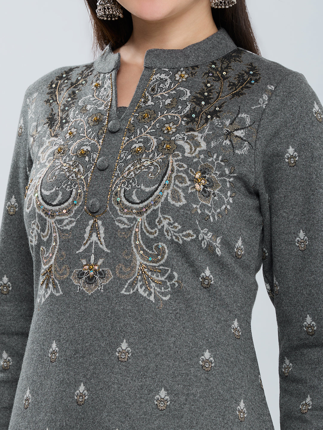 Women Charcoal Self Design Henley Neck Short Sleeve Kurtis Set for Winter