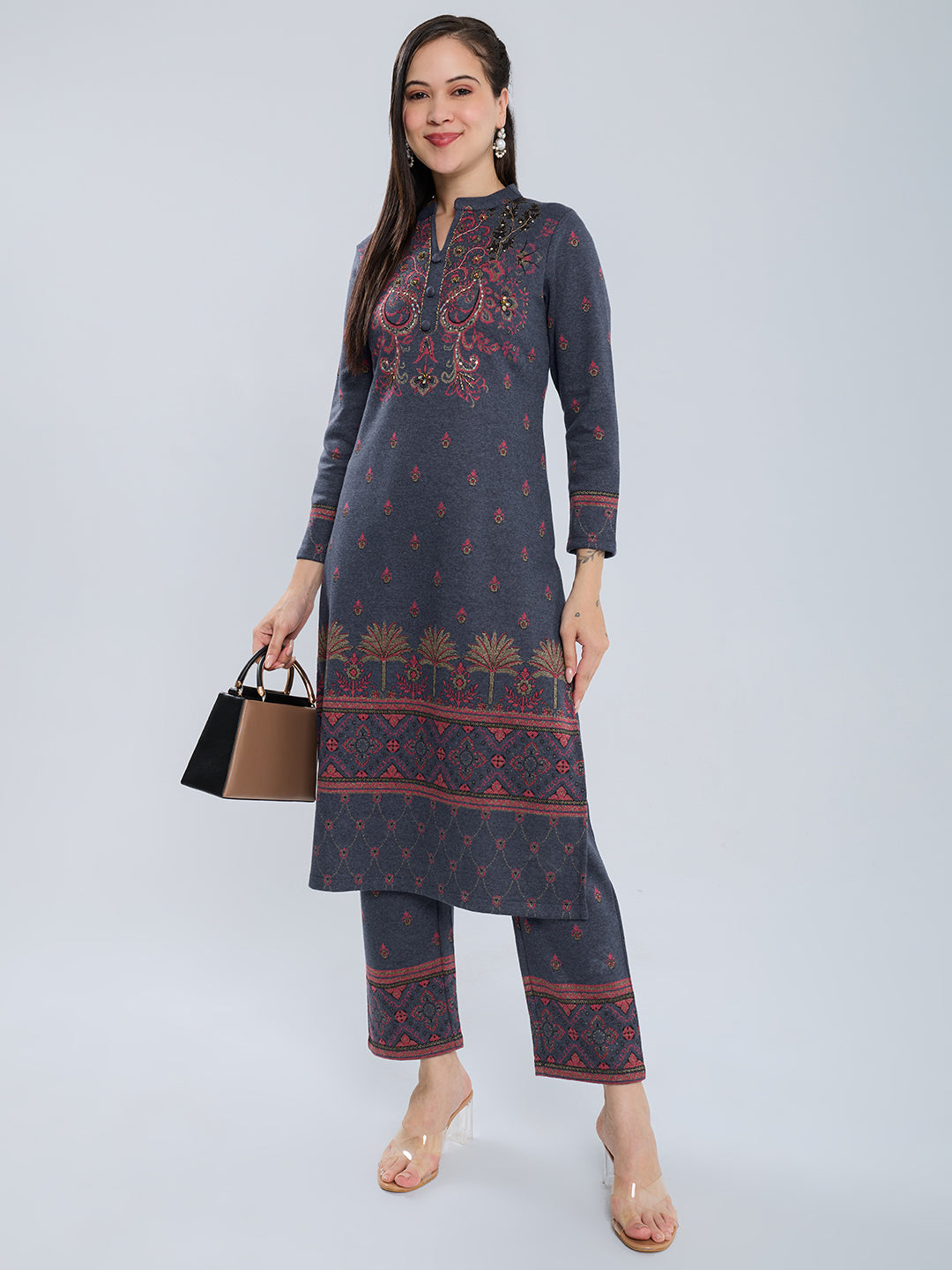 Women Navy Blue Self Design Henley Neck Short Sleeve Kurtis Set for Winter