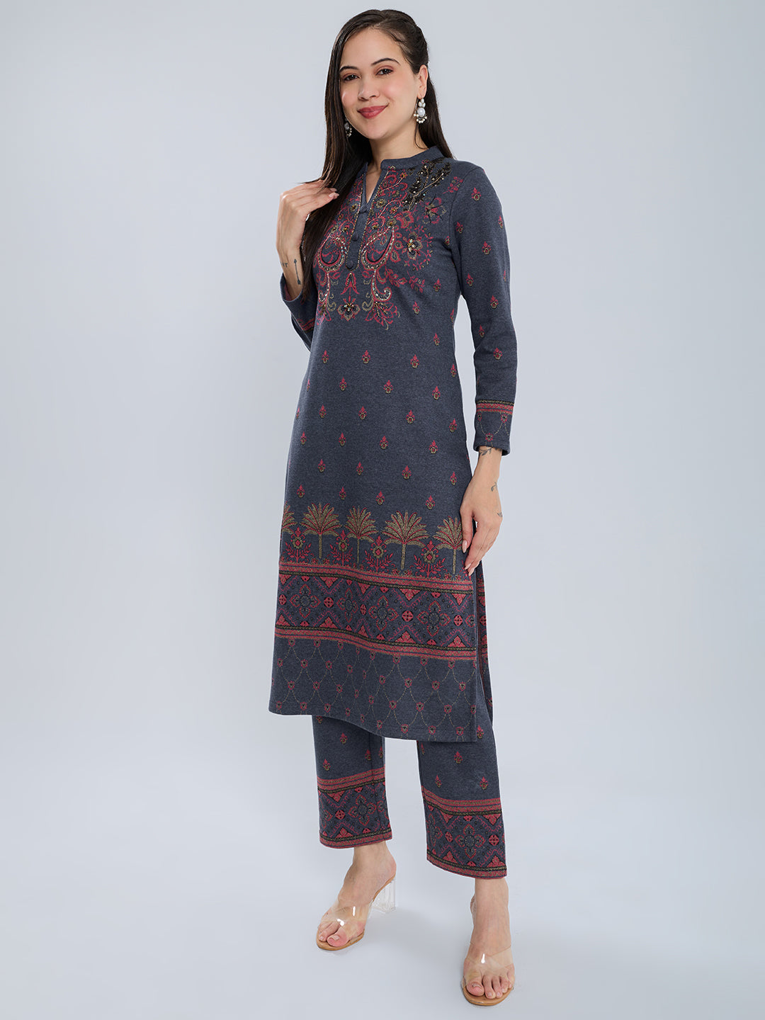Women Navy Blue Self Design Henley Neck Short Sleeve Kurtis Set for Winter
