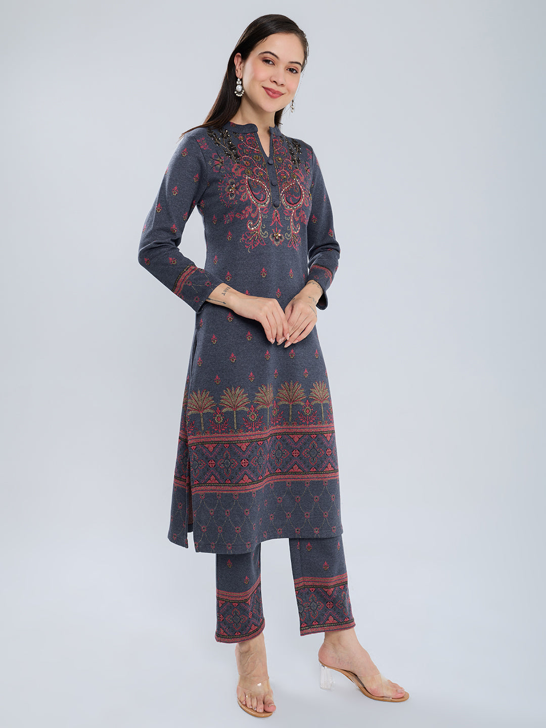 Women Navy Blue Self Design Henley Neck Short Sleeve Kurtis Set for Winter
