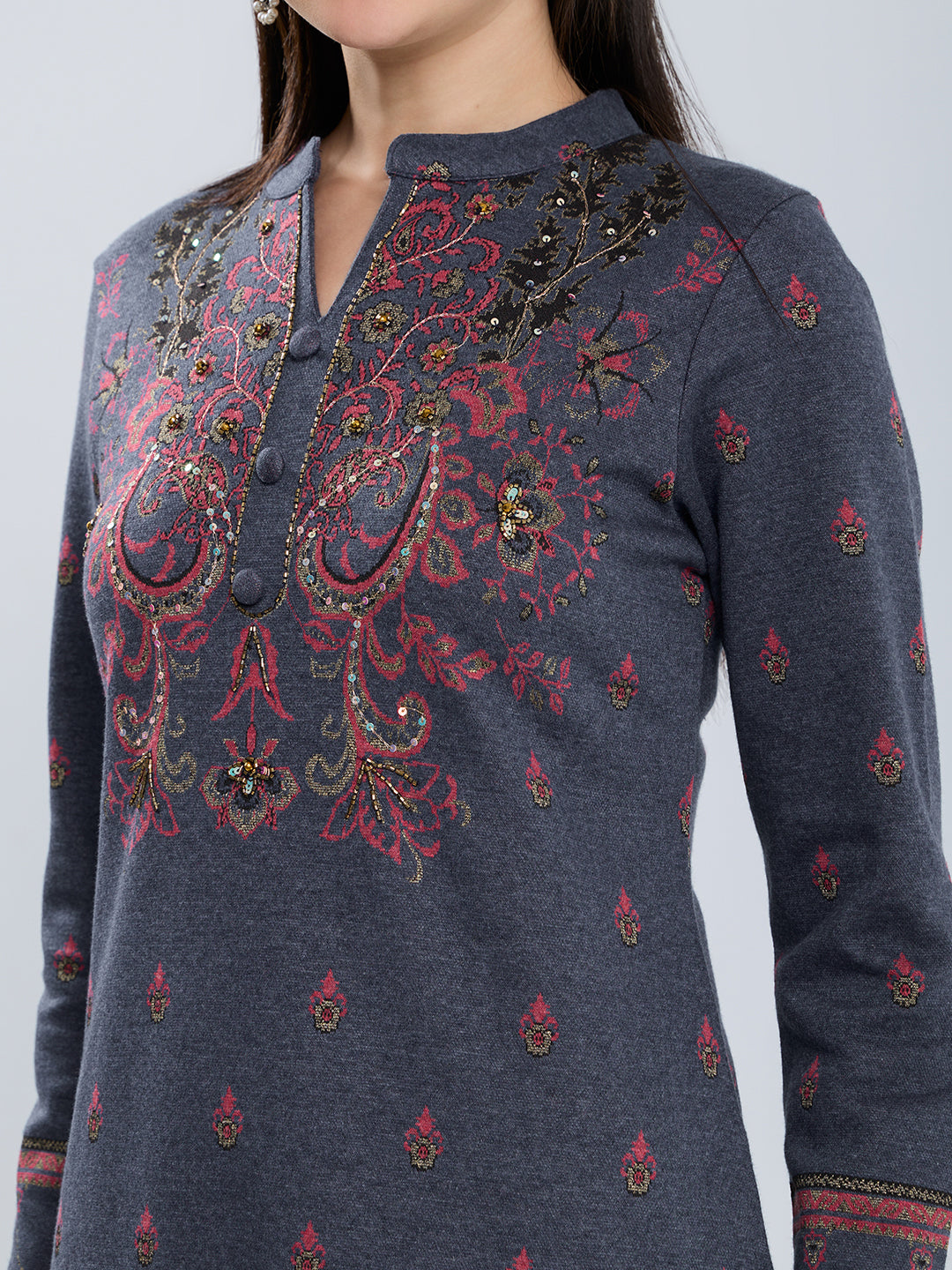 Women Navy Blue Self Design Henley Neck Short Sleeve Kurtis Set for Winter