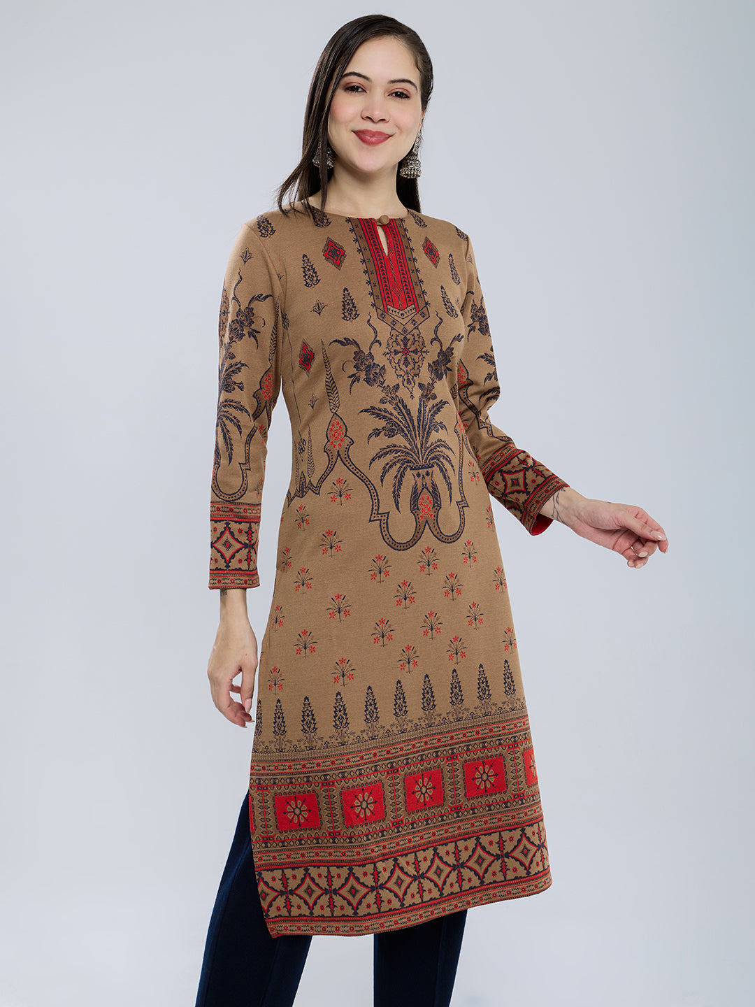 Women Camel Brown Self Design Round Neck Full Sleeve Winter Kurtis