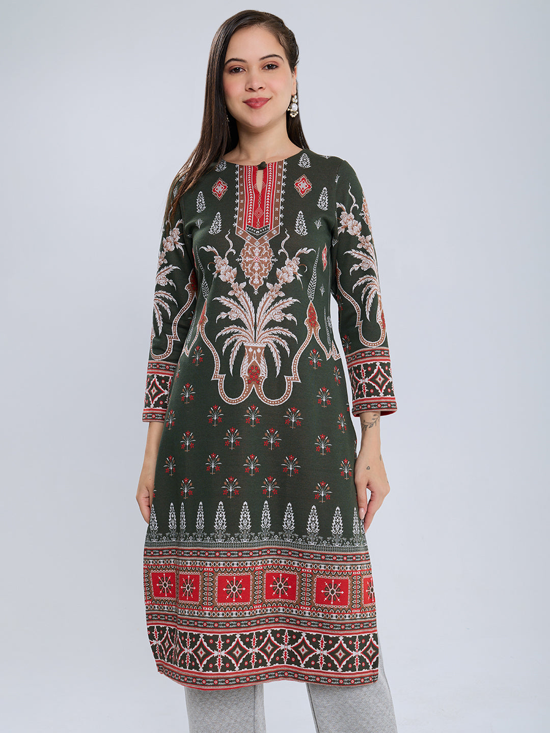 Women Olive Self Design Round Neck Full Sleeve Winter Kurtis