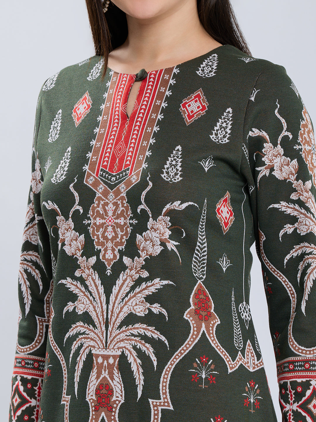 Women Olive Self Design Round Neck Full Sleeve Winter Kurtis