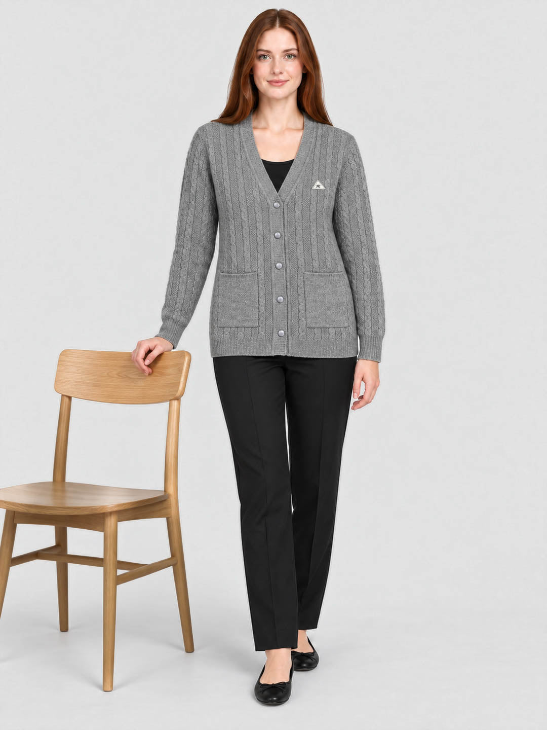 Women Grey Self Design V Neck Full Sleeve Cardigan