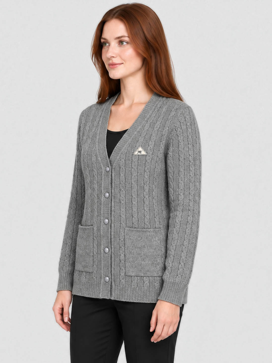 Women Grey Self Design V Neck Full Sleeve Cardigan