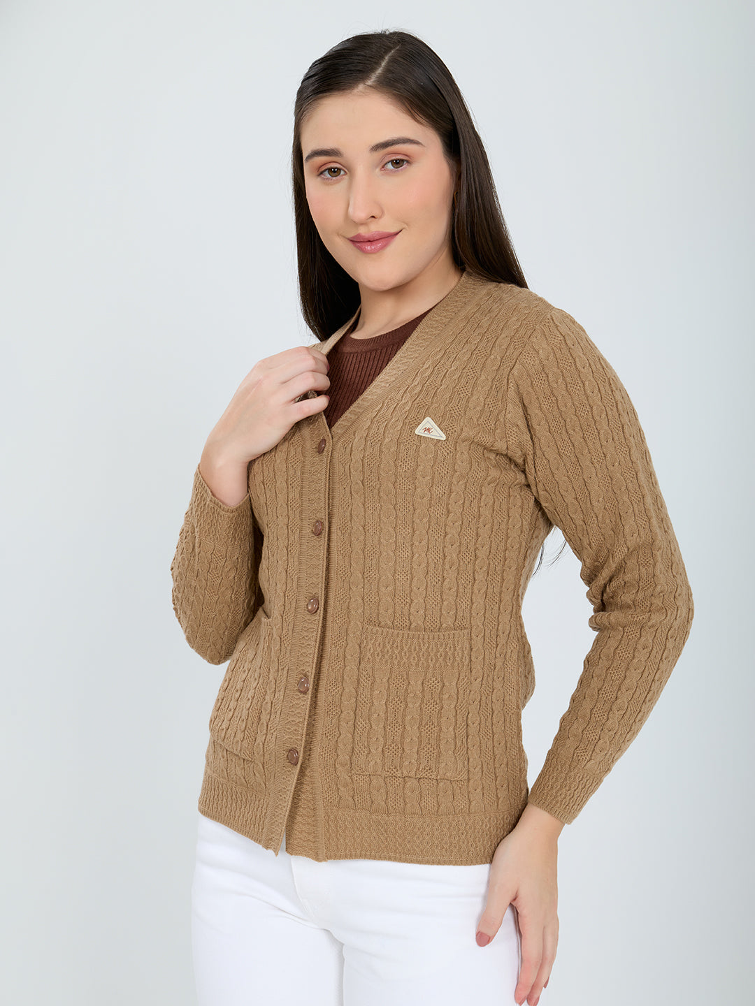 Women Camel Brown Self Design V Neck Full Sleeve Cardigan