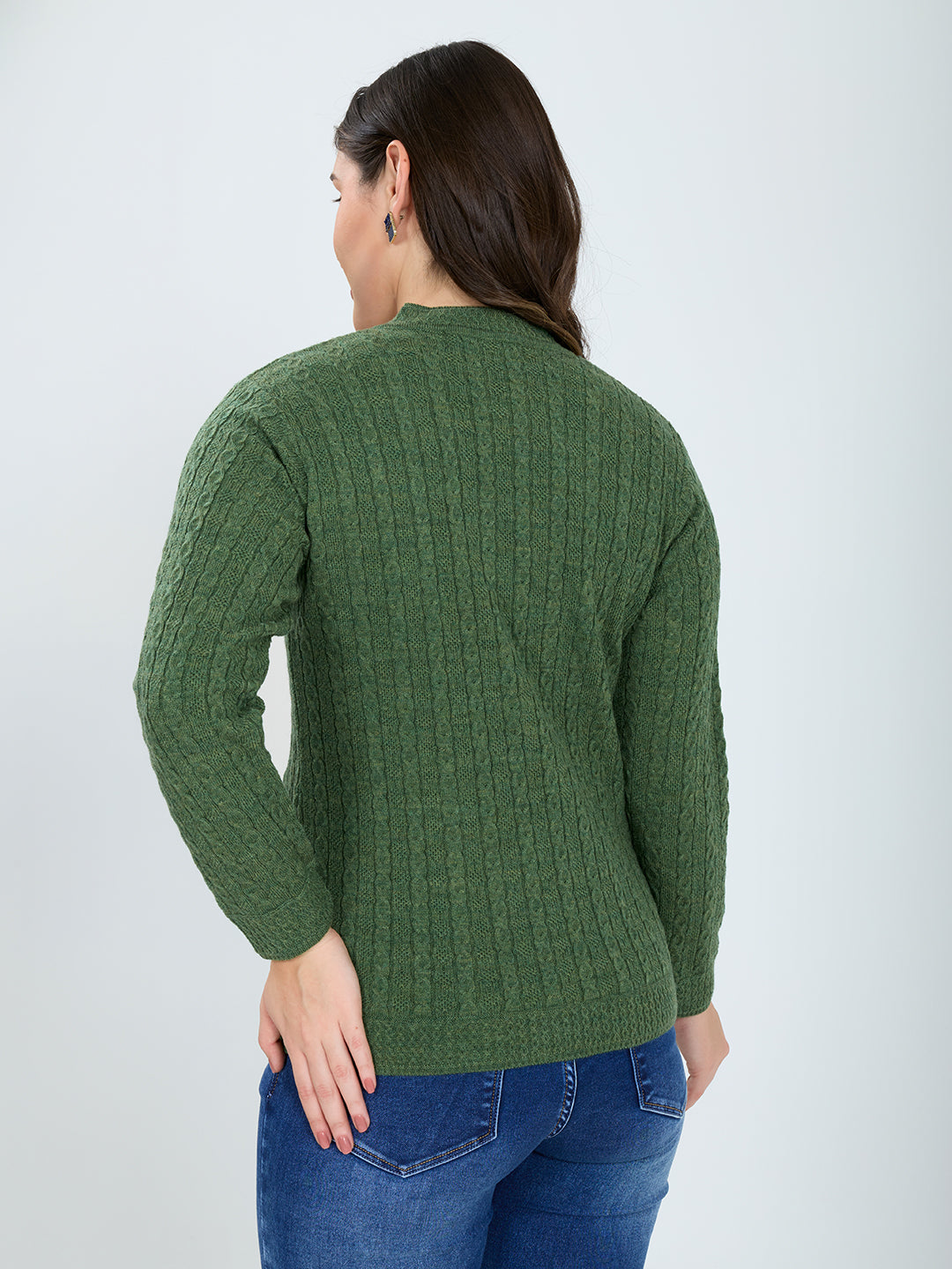 Women Green Self Design V Neck Full Sleeve Cardigan