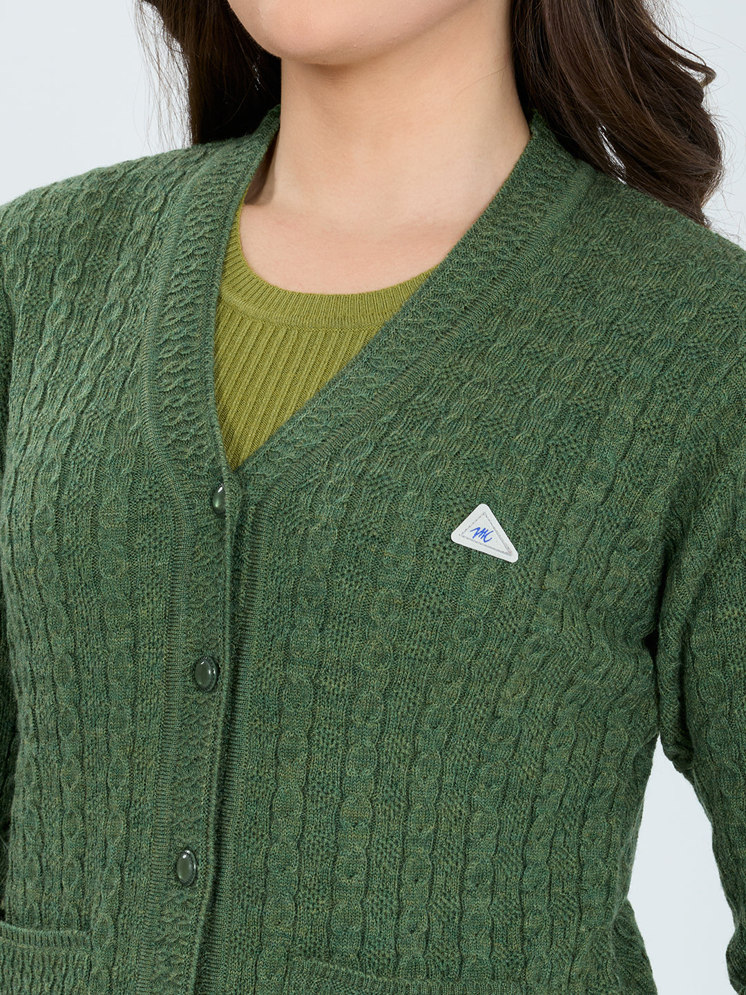 Women Green Self Design V Neck Full Sleeve Cardigan