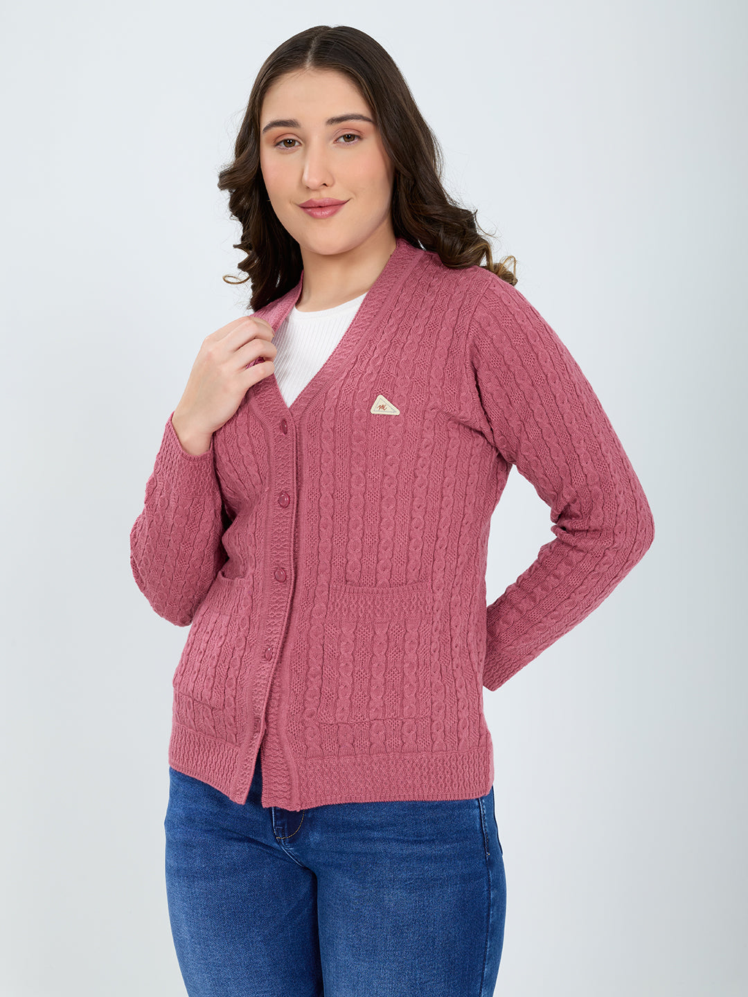 Women Pink Self Design V Neck Full Sleeve Cardigan