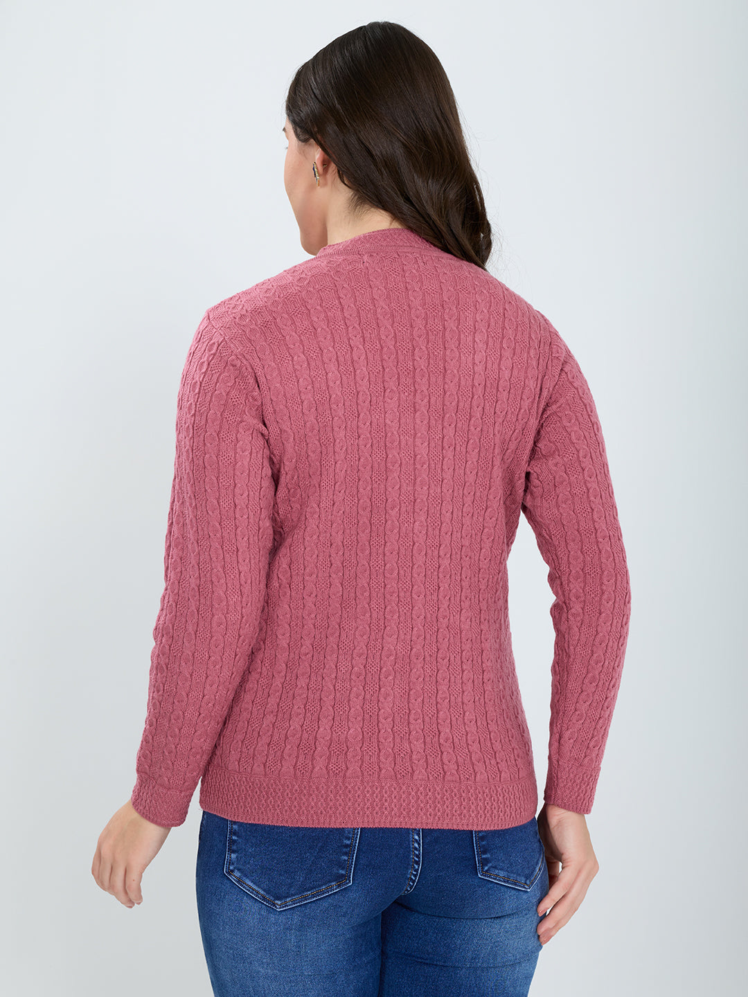 Women Pink Self Design V Neck Full Sleeve Cardigan