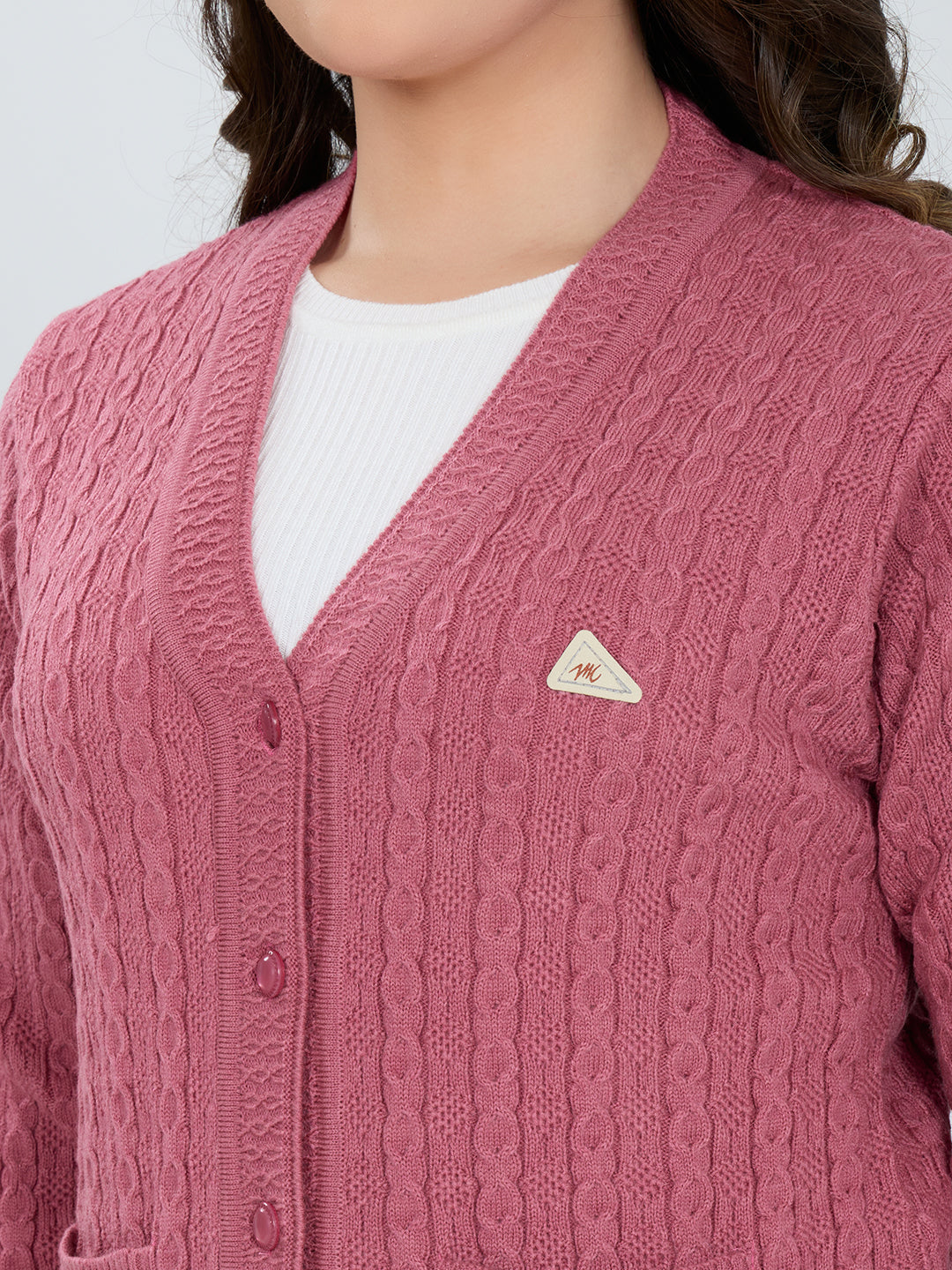 Women Pink Self Design V Neck Full Sleeve Cardigan