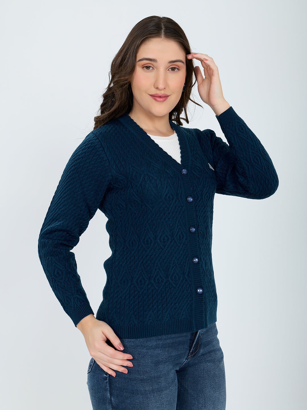 Women Blue Self Design V Neck Full Sleeve Cardigan