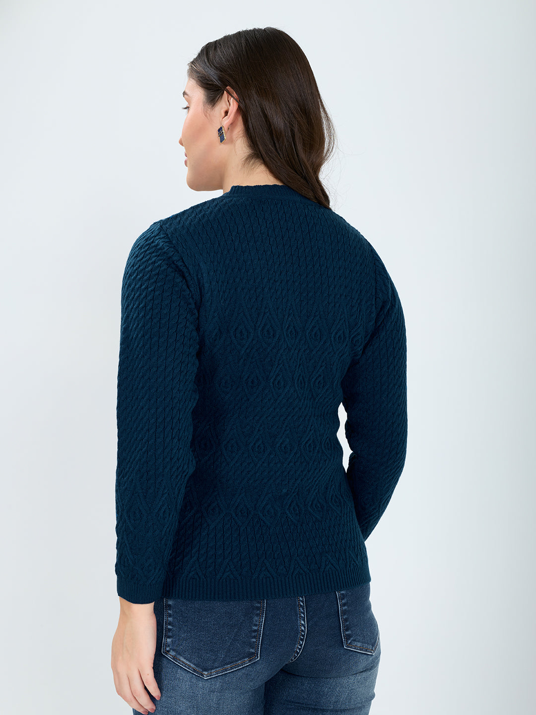 Women Blue Self Design V Neck Full Sleeve Cardigan