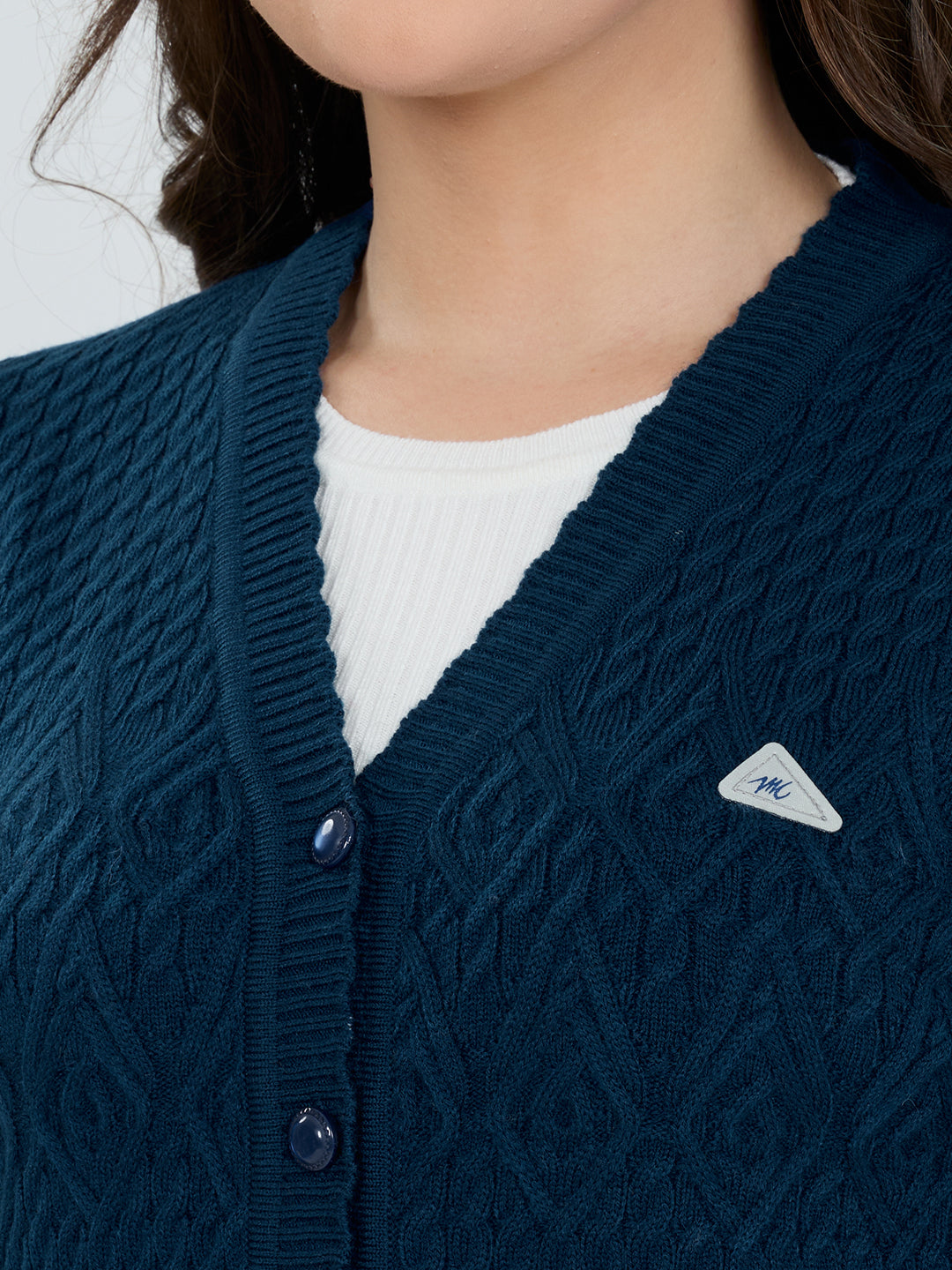 Women Blue Self Design V Neck Full Sleeve Cardigan