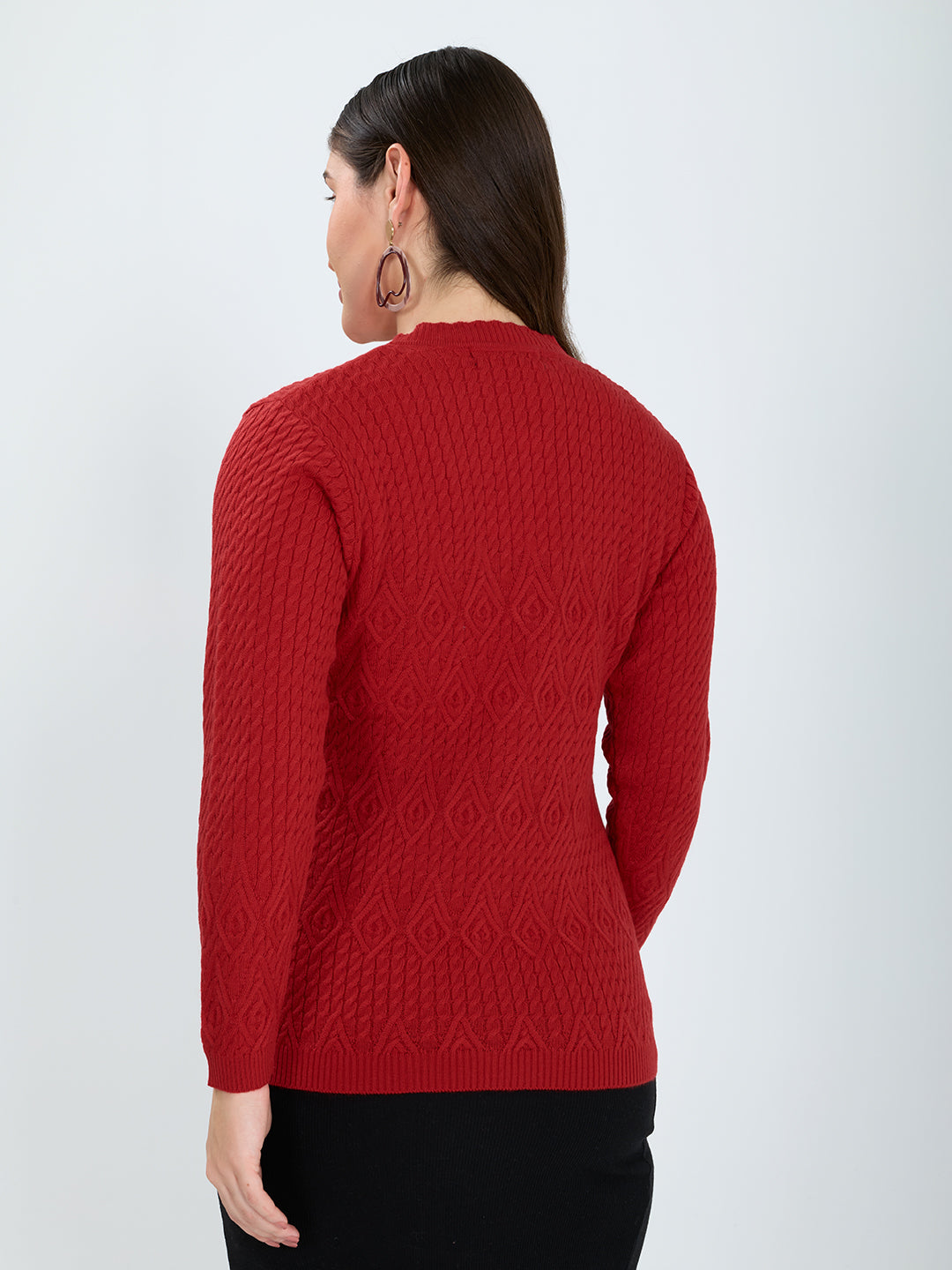 Women Red Self Design V Neck Full Sleeve Cardigan