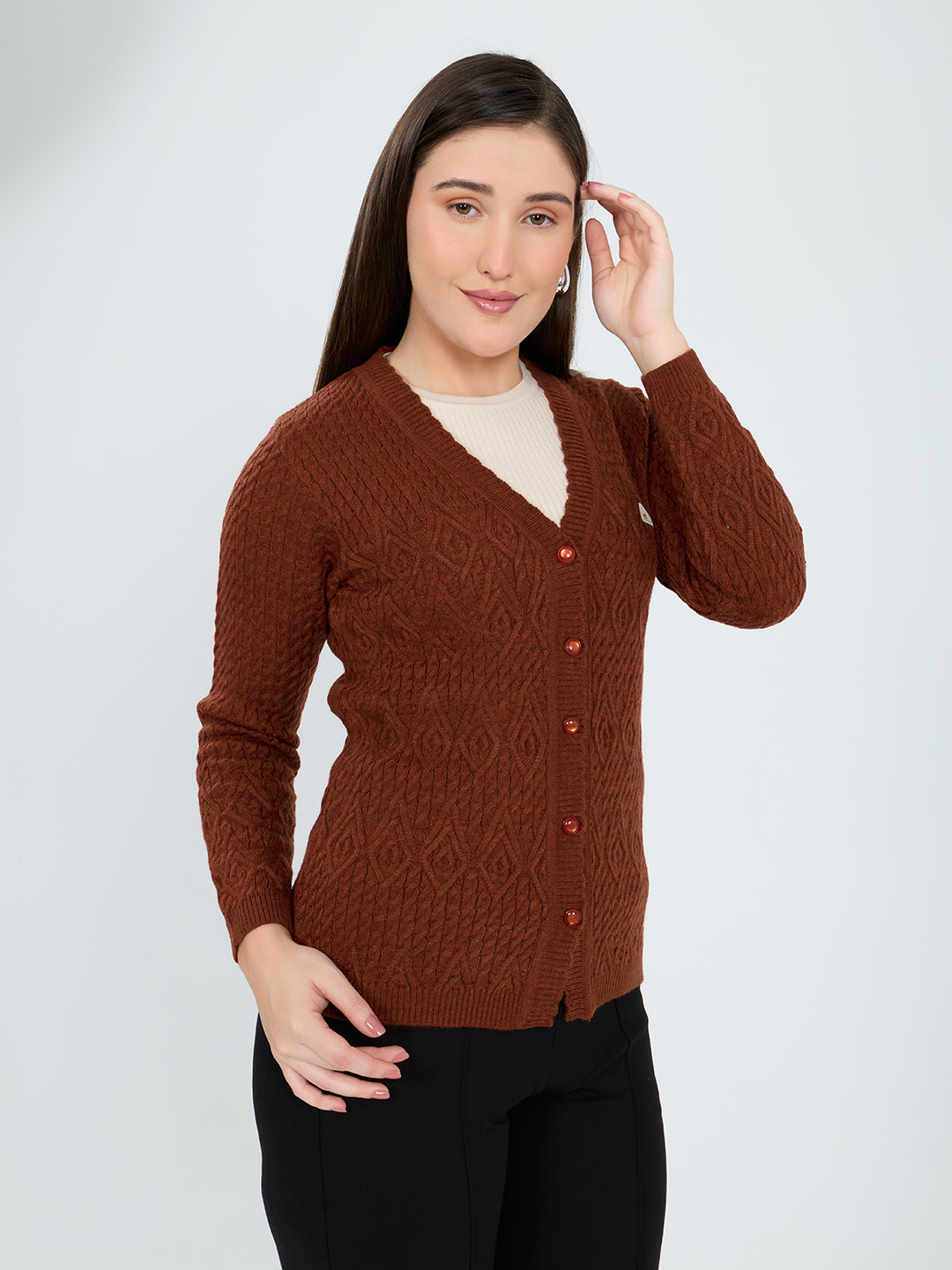 Women Rust Self Design V Neck Full Sleeve Cardigan