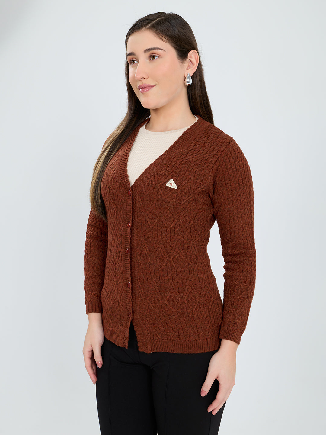 Women Rust Self Design V Neck Full Sleeve Cardigan