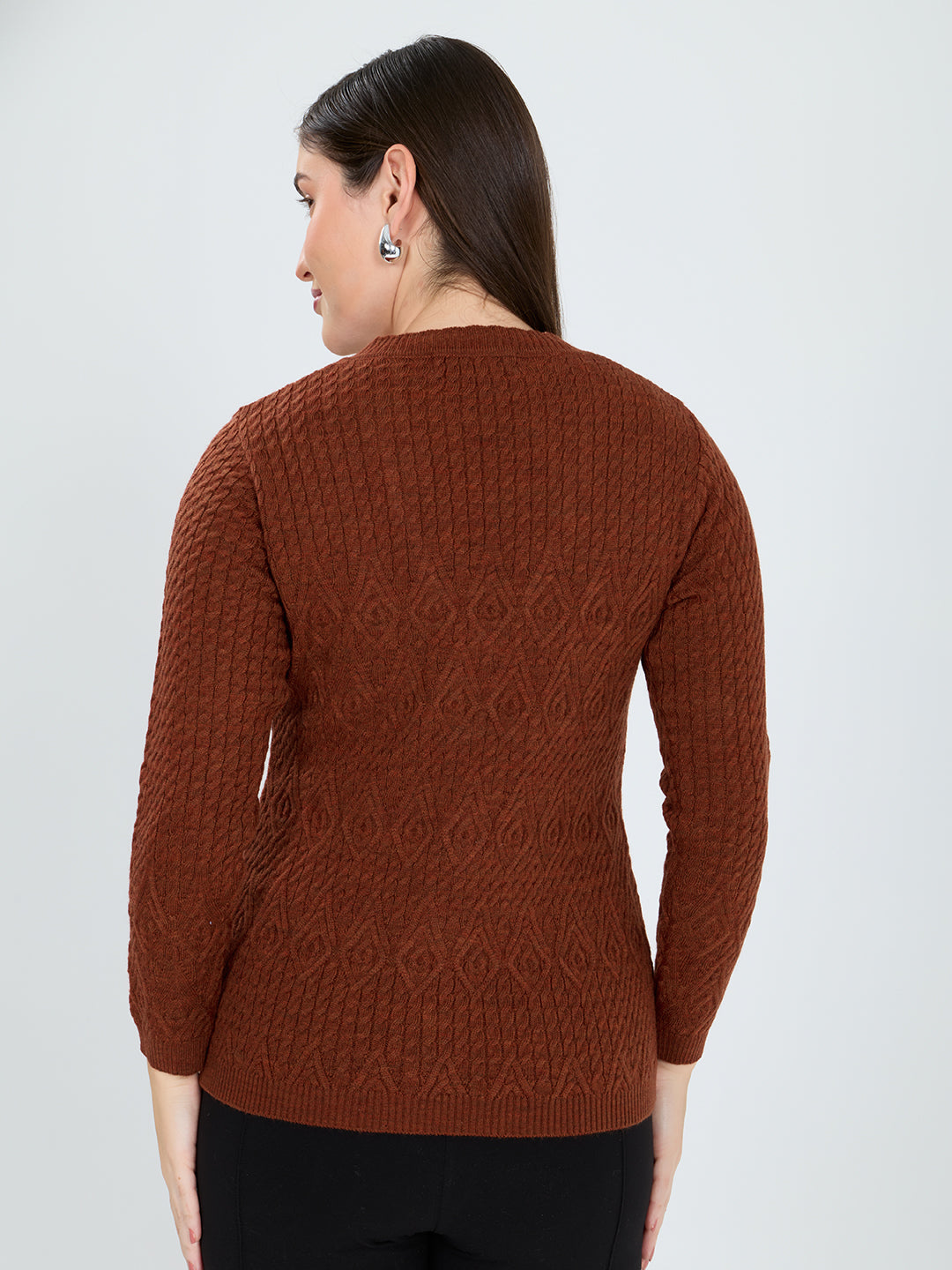 Women Rust Self Design V Neck Full Sleeve Cardigan