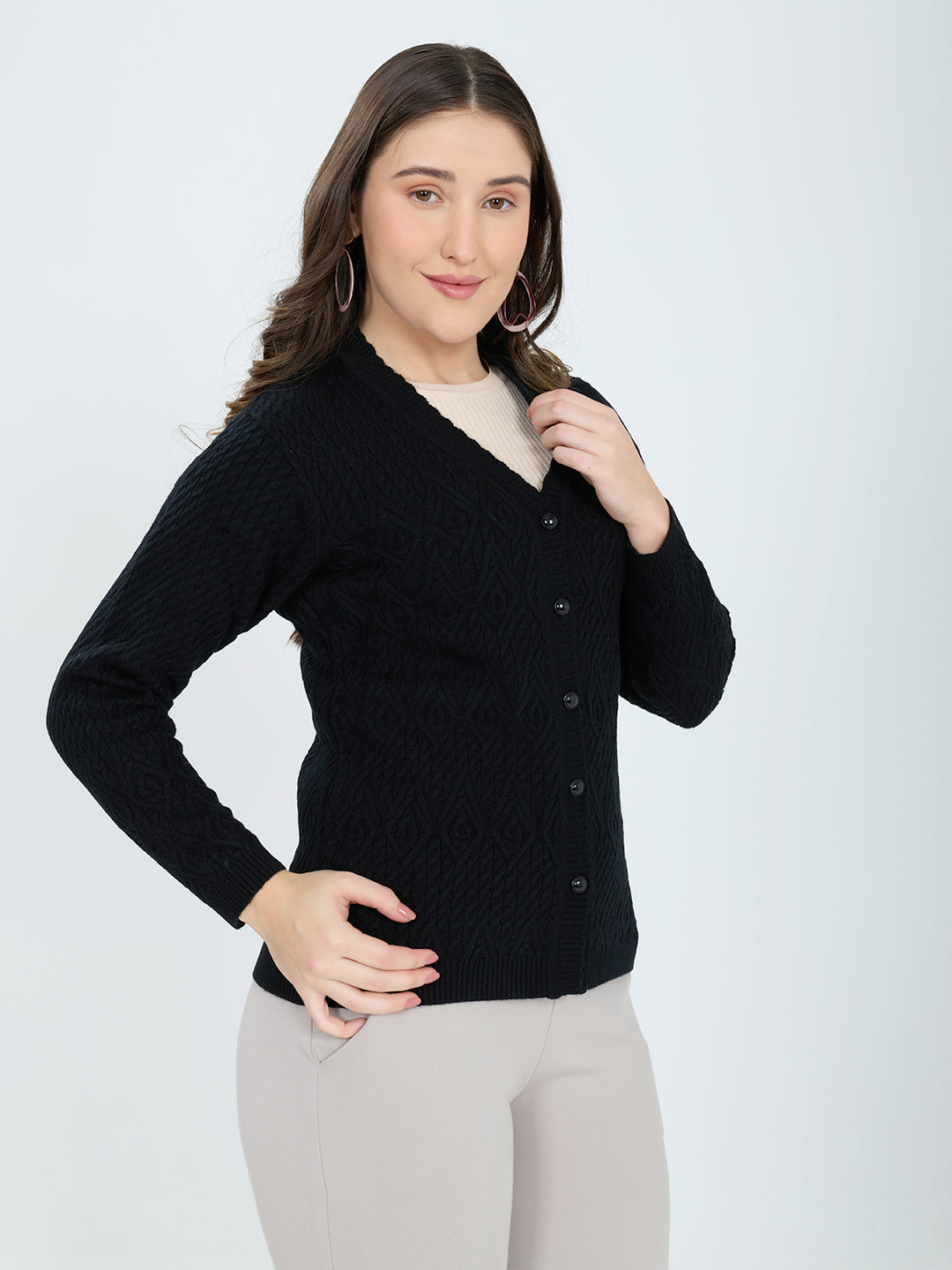 Women Black Self Design V Neck Full Sleeve Cardigan