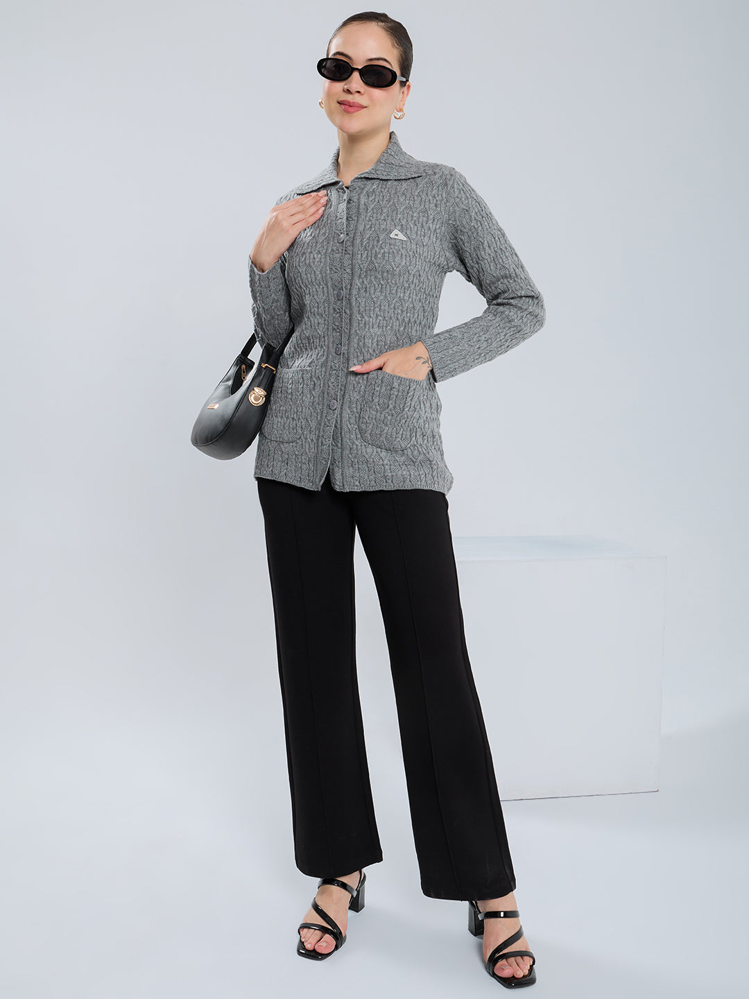 Women Grey Self Design Collar Full Sleeve Cardigan