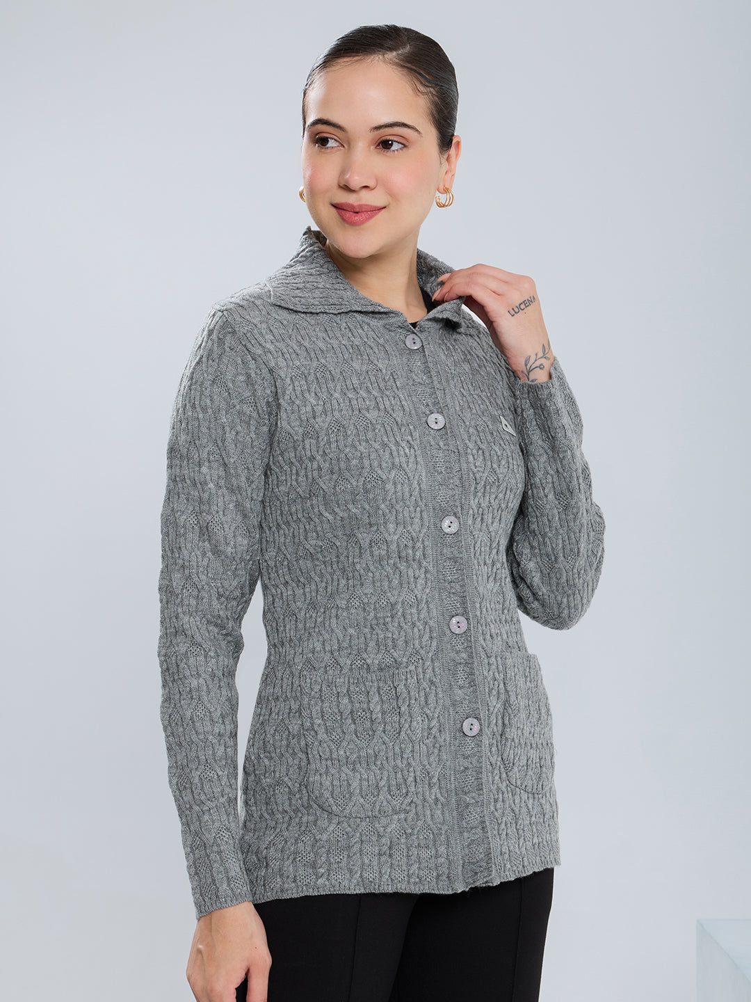 Women Grey Self Design Collar Full Sleeve Cardigan