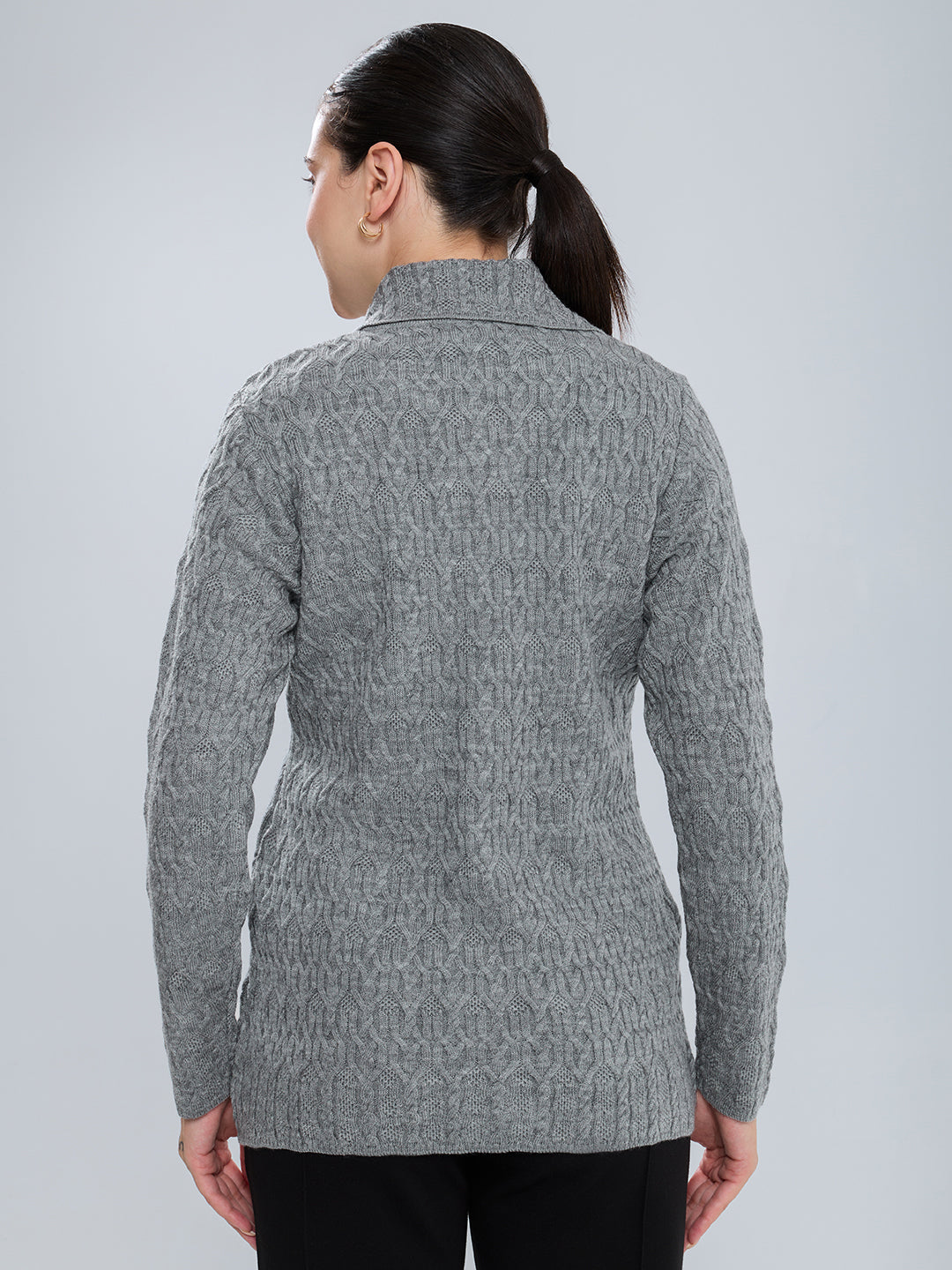 Women Grey Self Design Collar Full Sleeve Cardigan