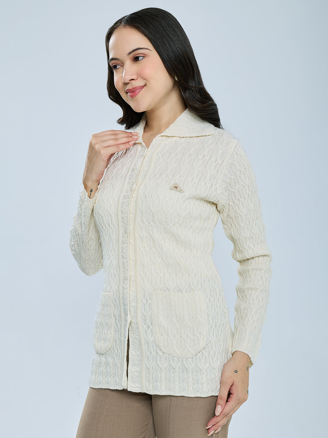 Women Cream Self Design Collar Full Sleeve Cardigan