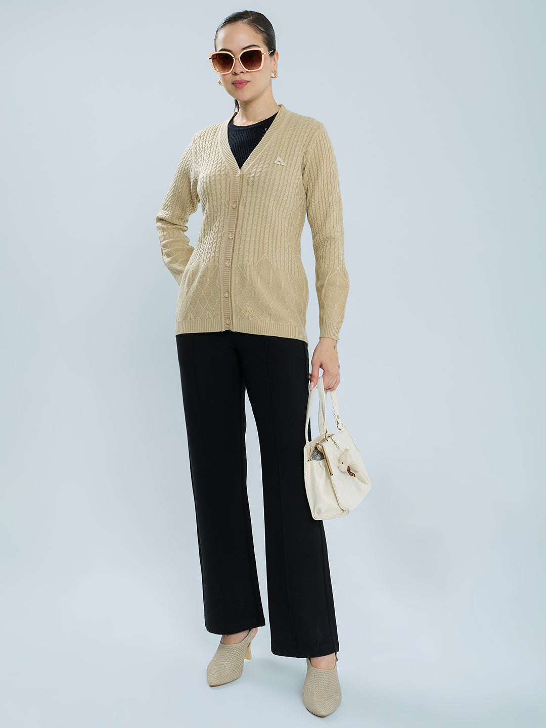 Women Camel Brown Self Design V Neck Full Sleeve Cardigan
