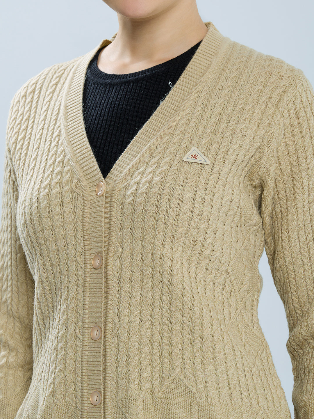 Women Camel Brown Self Design V Neck Full Sleeve Cardigan