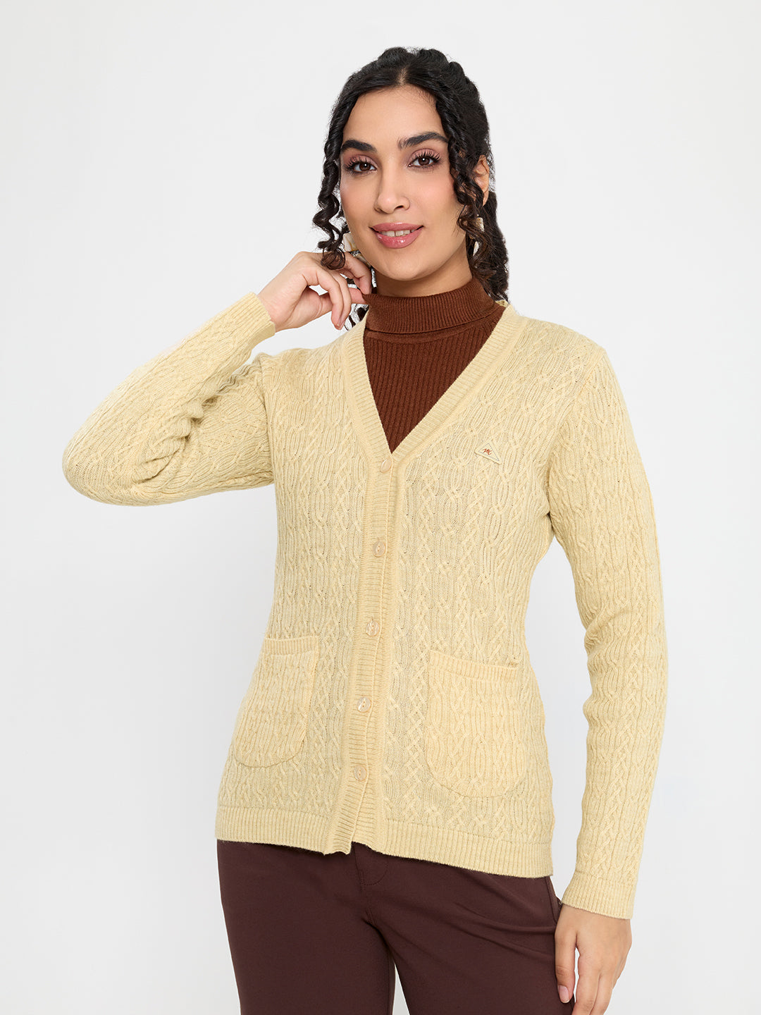 Women Beige Self Design V Neck Full Sleeve Cardigan