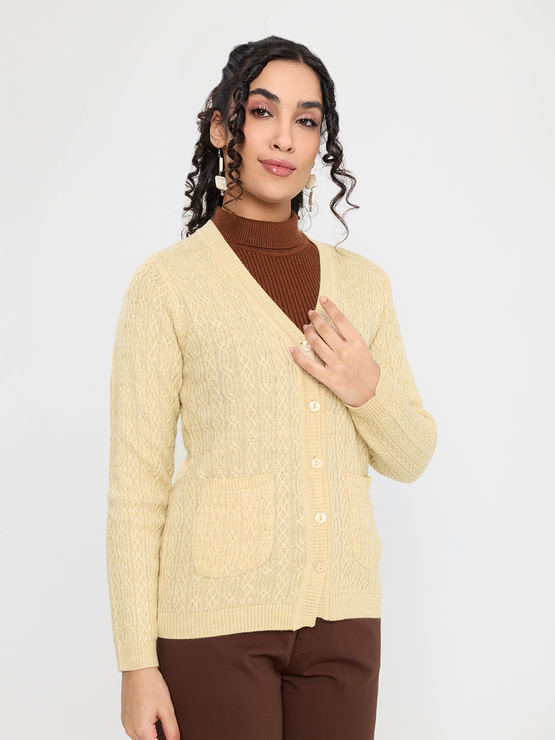 Women Beige Self Design V Neck Full Sleeve Cardigan