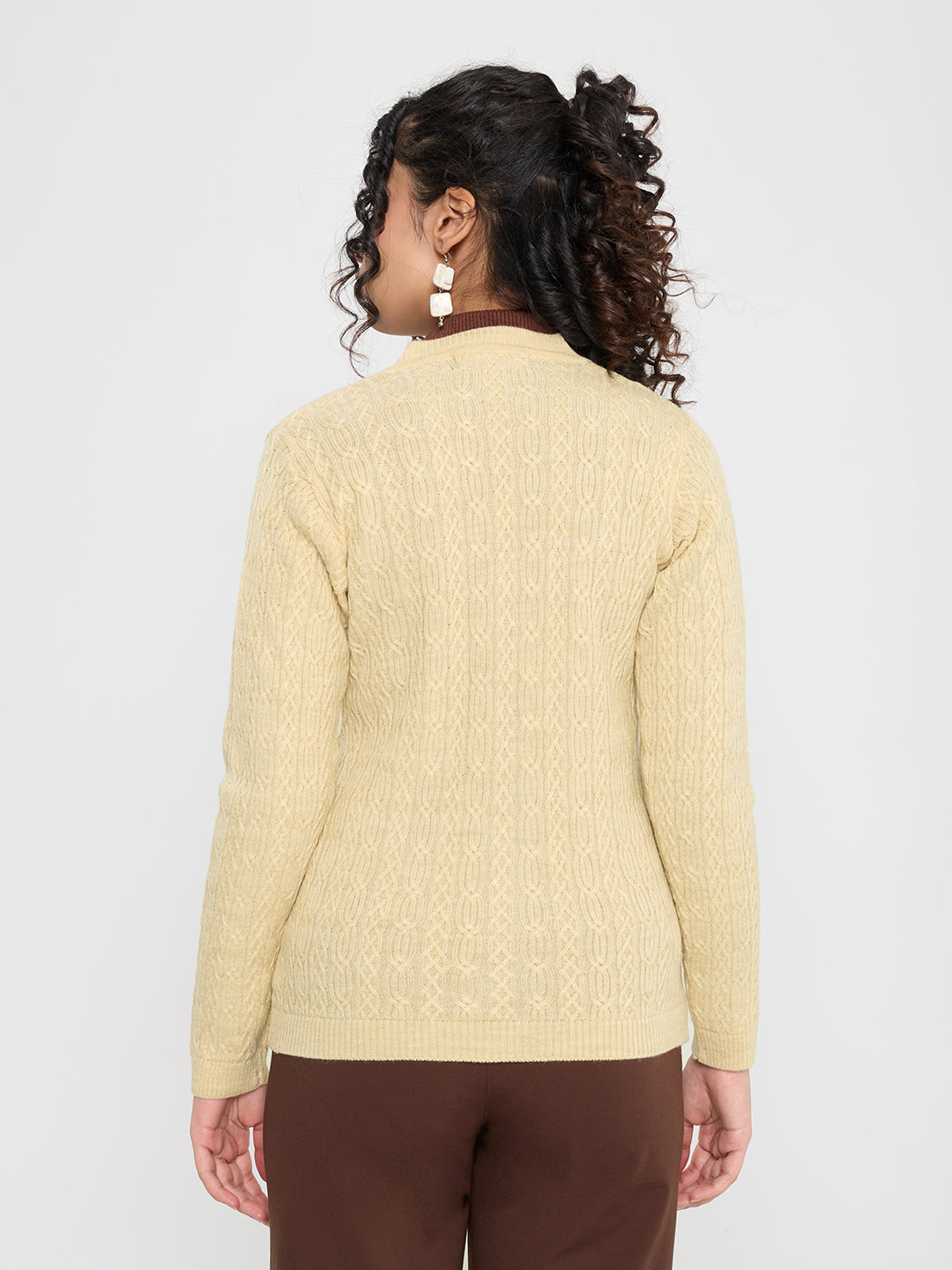 Women Beige Self Design V Neck Full Sleeve Cardigan