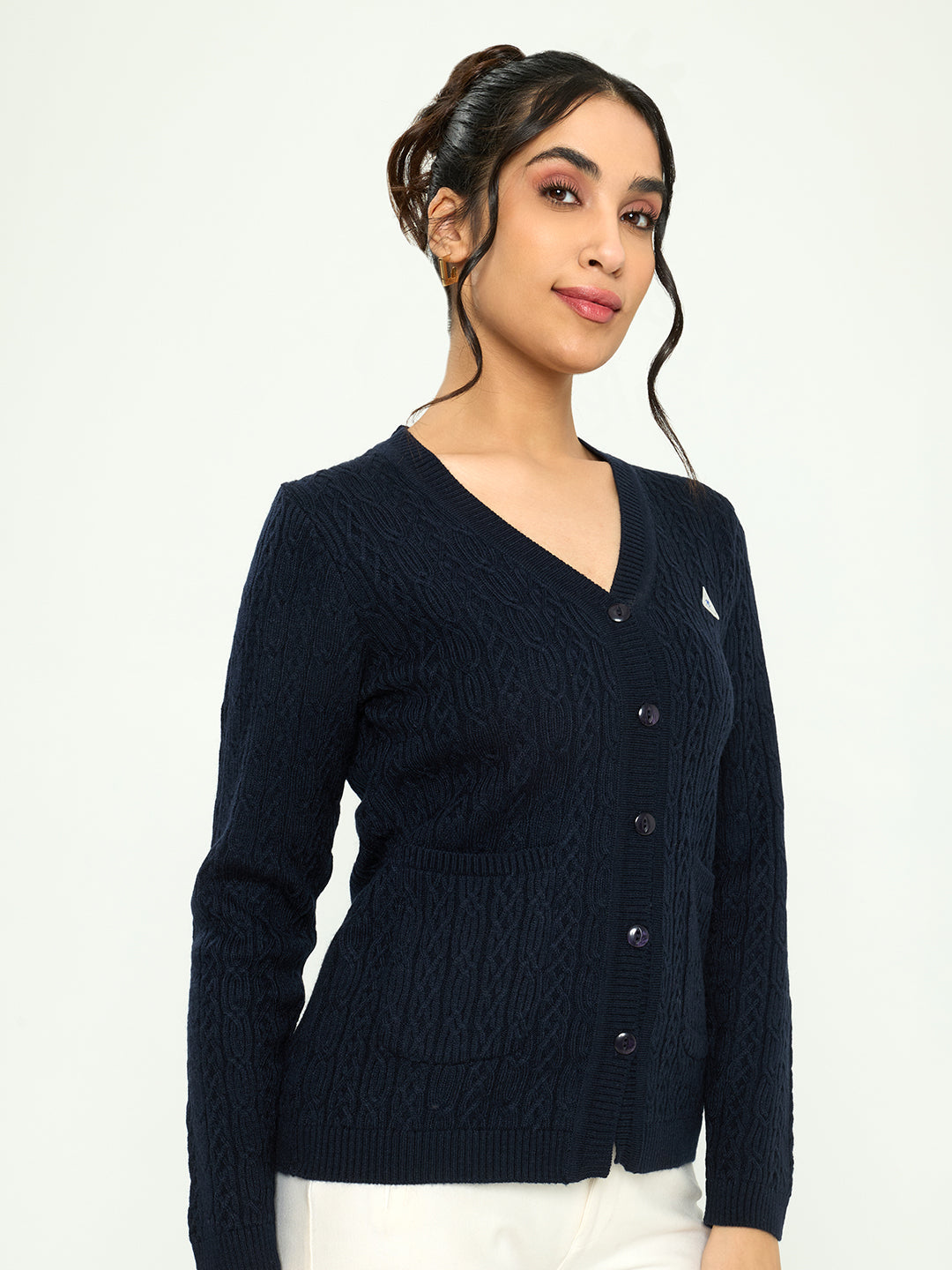 Women Navy Blue Self Design V Neck Full Sleeve Cardigan