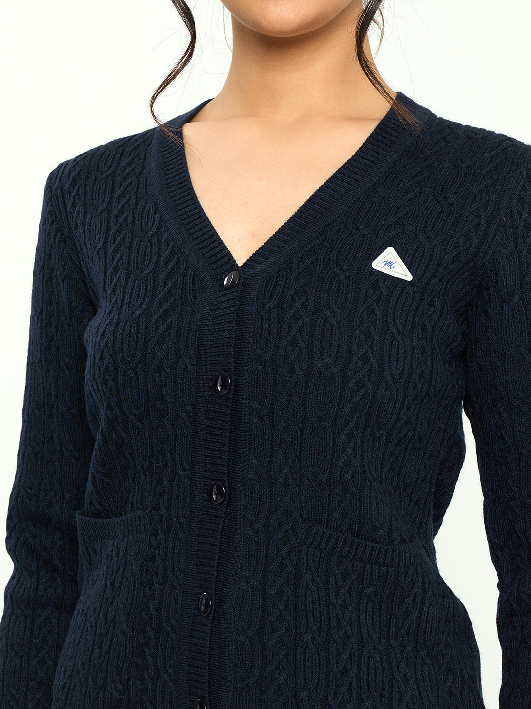 Women Navy Blue Self Design V Neck Full Sleeve Cardigan
