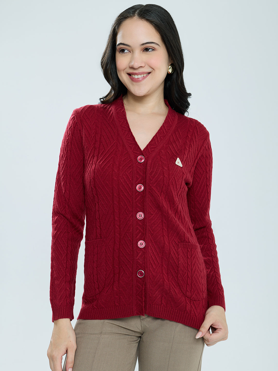 Women Red Self Design V Neck Full Sleeve Cardigan
