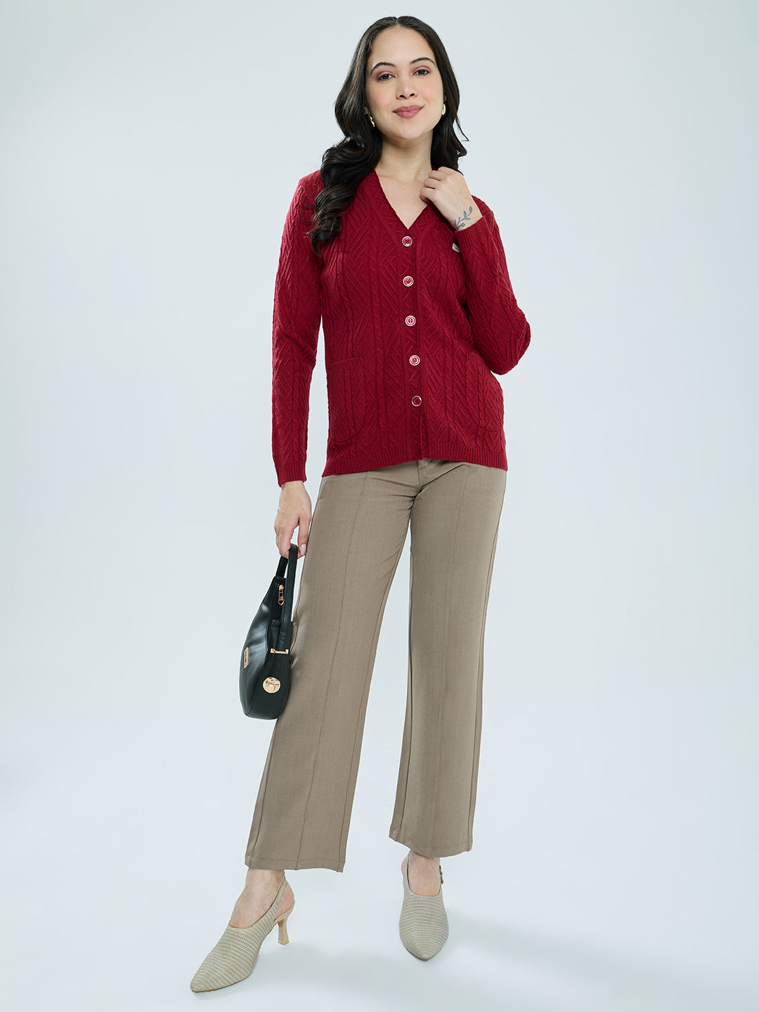 Women Red Self Design V Neck Full Sleeve Cardigan