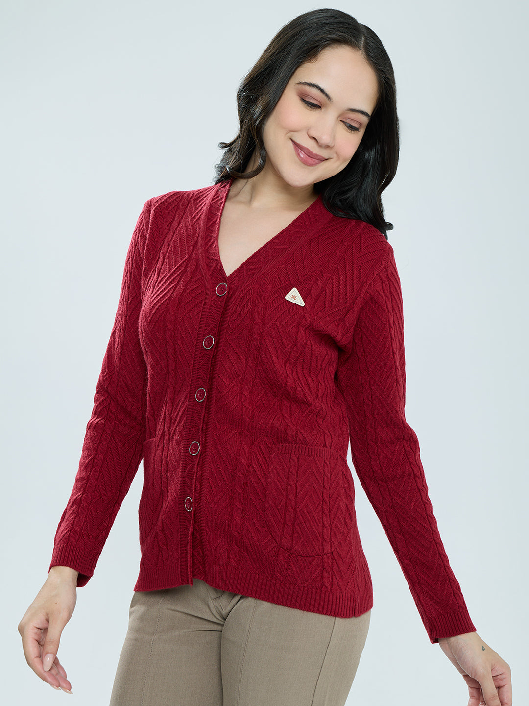 Women Red Self Design V Neck Full Sleeve Cardigan