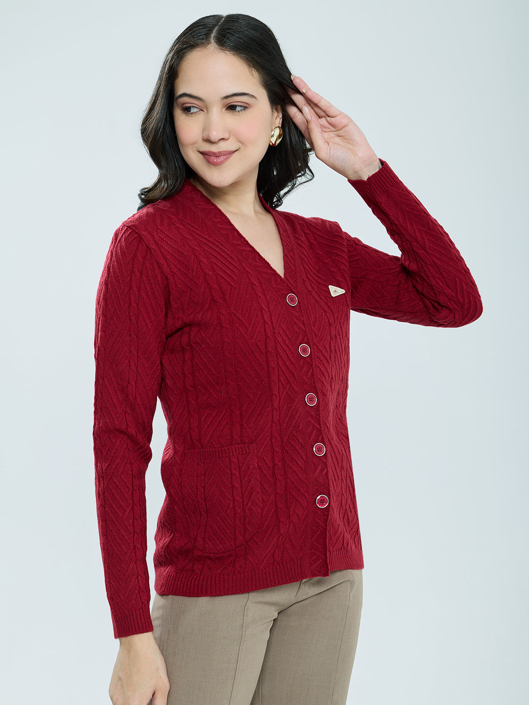 Women Red Self Design V Neck Full Sleeve Cardigan