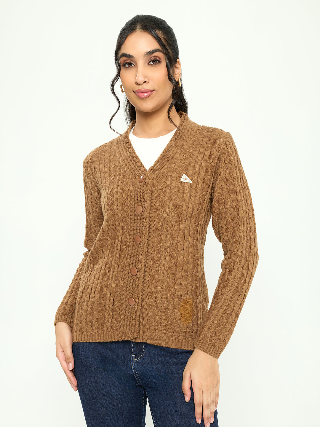 Women Mustard Self Design V Neck Full Sleeve Cardigan