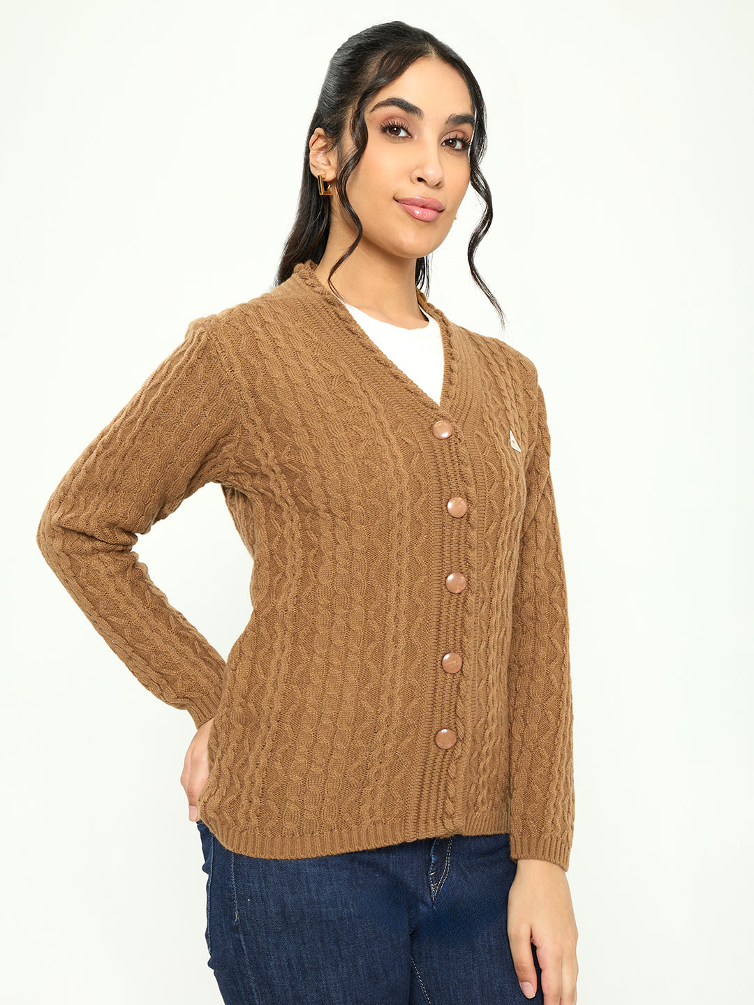 Women Mustard Self Design V Neck Full Sleeve Cardigan