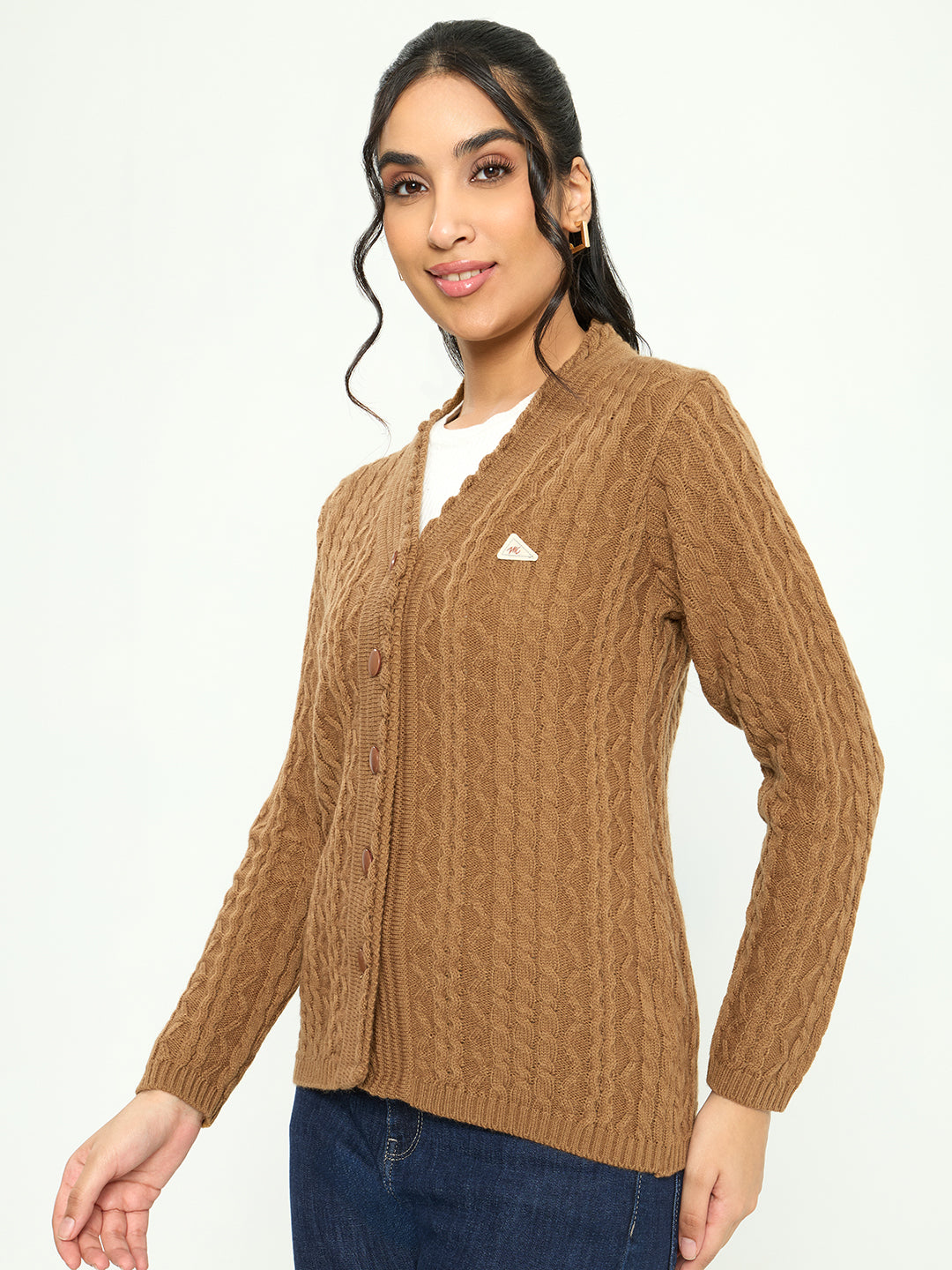 Women Mustard Self Design V Neck Full Sleeve Cardigan