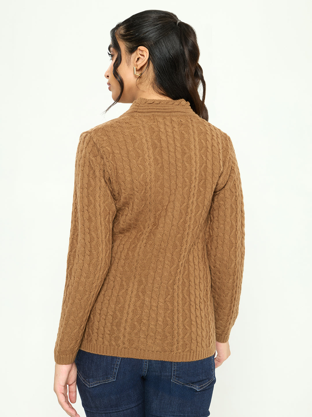 Women Mustard Self Design V Neck Full Sleeve Cardigan