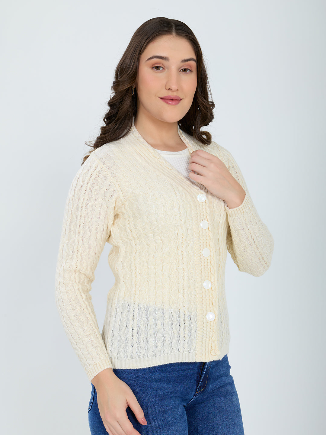 Women Off White Self Design V Neck Full Sleeve Cardigan
