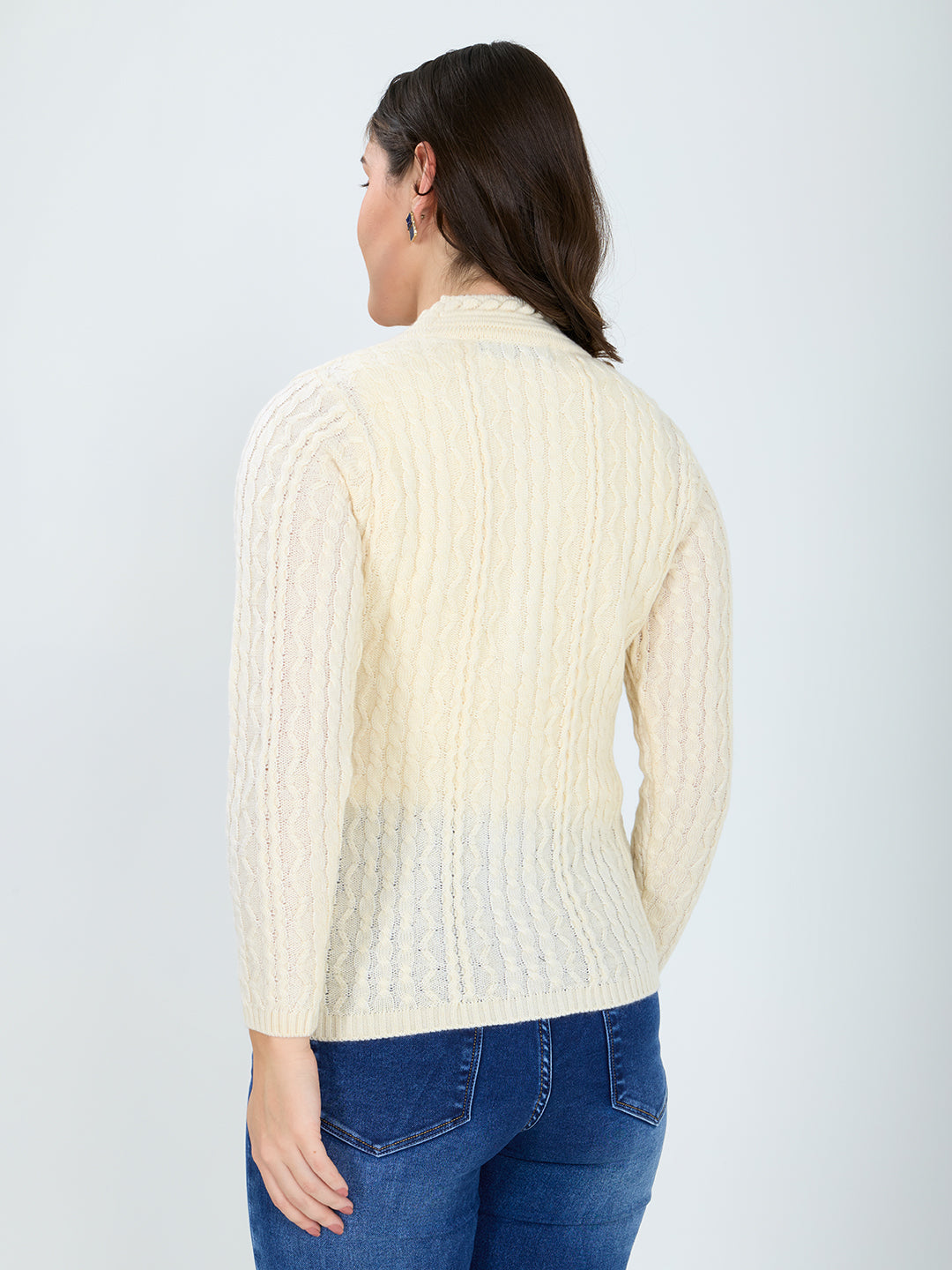 Women Off White Self Design V Neck Full Sleeve Cardigan